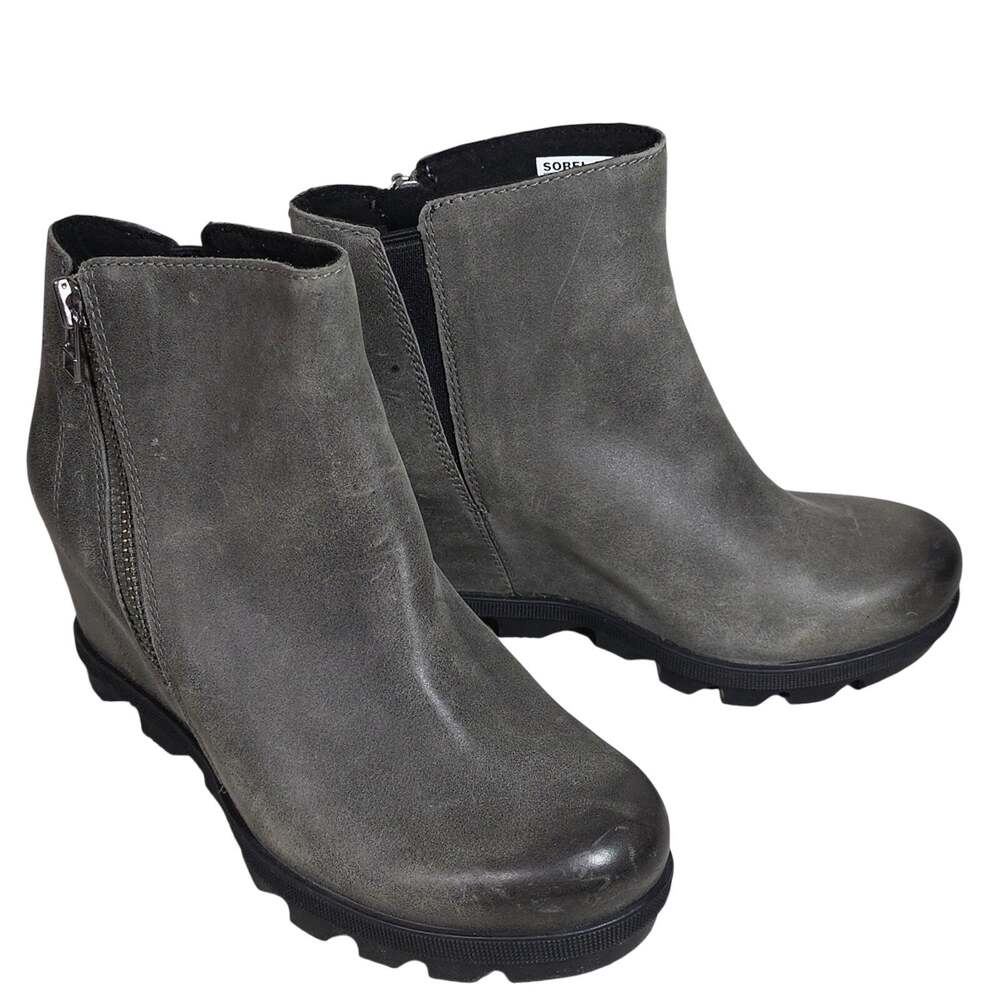 Sorel Joan of Arctic Wedge II Zip Grey Leather Ankle Boots Womens Size 6.5
